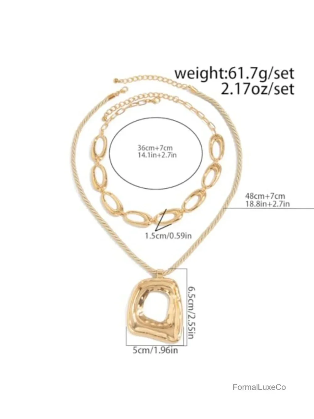 Geometric Hollow Square Pendant Rope Chain Necklace Gold-Tone Alloy Statement
